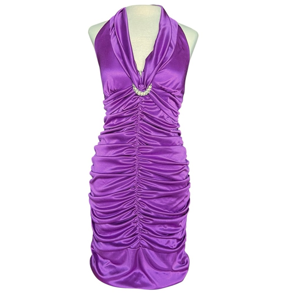 VINTAGE Y2K Women’s Sexy Purple Medallion Ruched Halter Top Party Dress Sz M